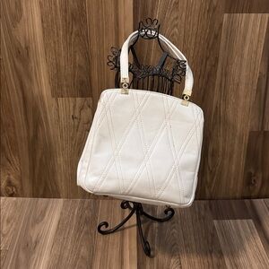 Dofan Vtg Leather White Embroidered Two Handle Pockets Kiss Lock Handbag France